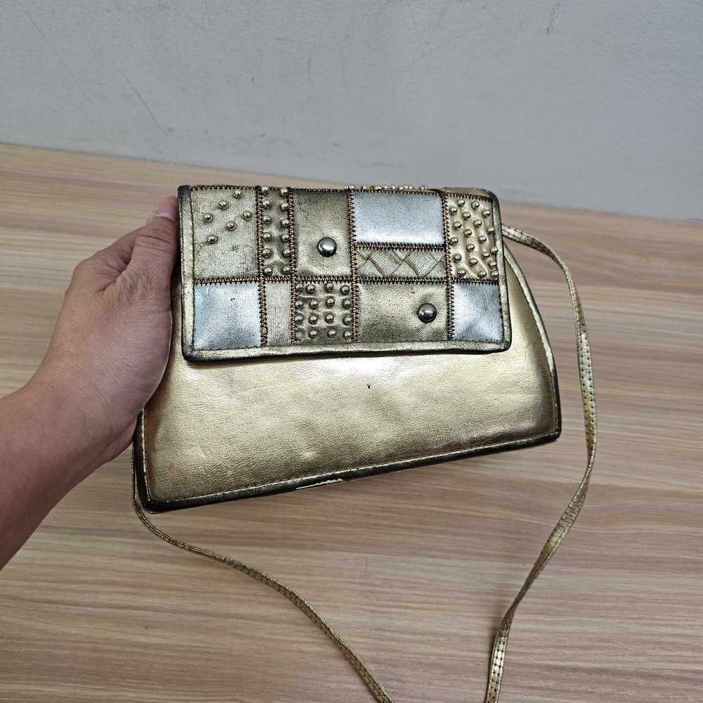 Vintage 80s Shoulder Bag Womens Gold Silver Studded Patchwork Clutch Glam FLAW